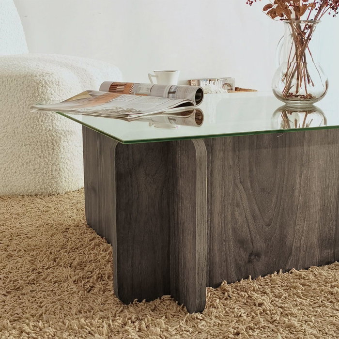Hanah Home Mesa de centro Escape en Nogal con cristal templado Hanah Home Mesa de centro Escape en Nogal con cristal templado